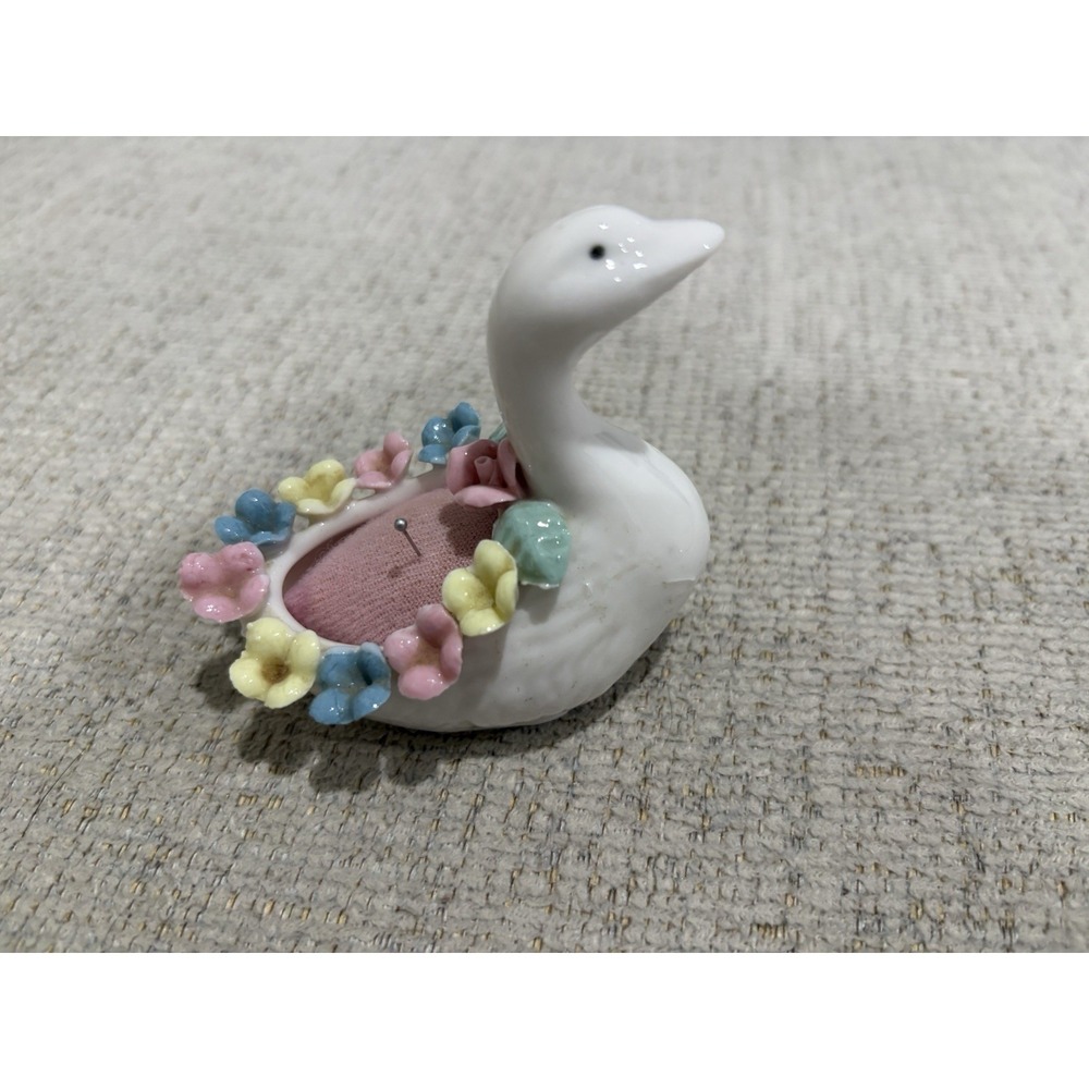 Vintage Bone China Swan Pin Cushion Floral